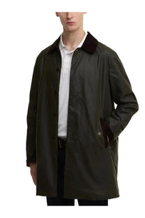 Olive green Baracuta men’s waxed cotton trench coat with dark brown corduroy collar and cuffs