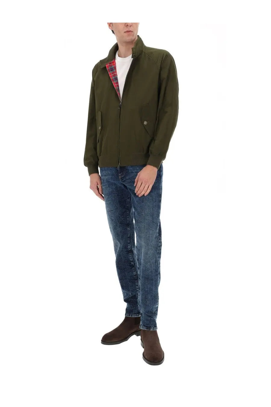 Baracuta men’s harrington jacket in olive green with zip-up front and red and black plaid lining