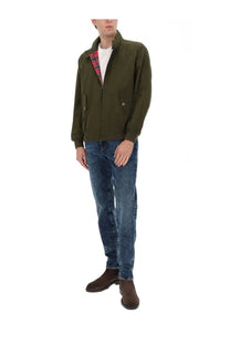 Baracuta men’s harrington jacket in olive green with zip-up front and red and black plaid lining