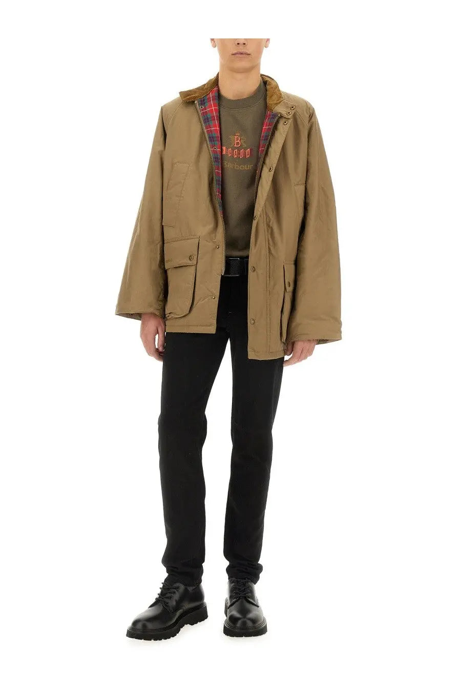 Baracuta men’s bedale beige jacket in tan waxed cotton with plaid lined collar and flap pockets