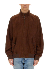 Baracuta men’s brown suede bomber jacket with high collar front zipper closure and two flap pockets