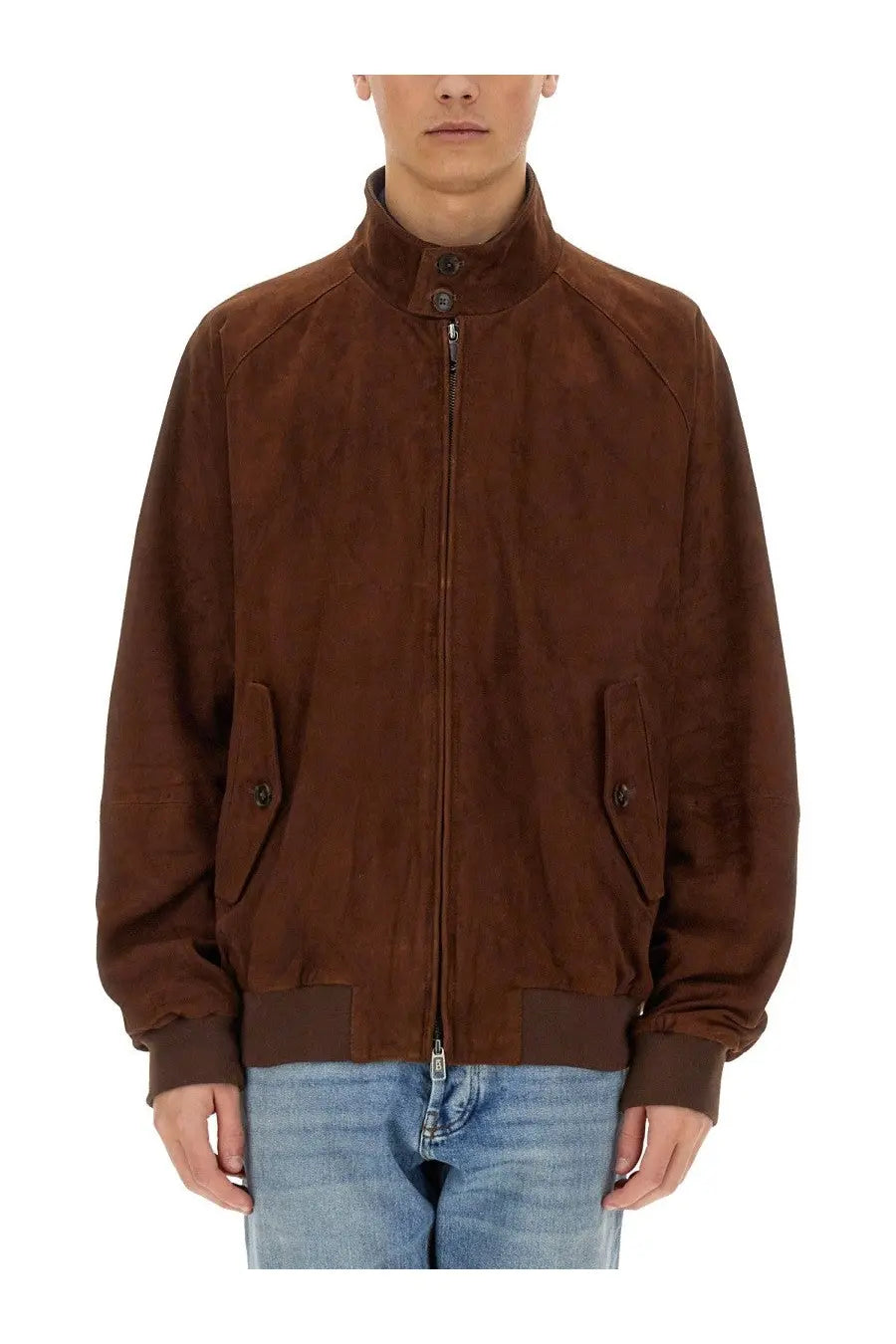 Baracuta men’s brown suede bomber jacket with high collar front zipper and two flap pockets