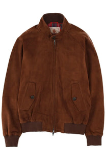 Baracuta men’s brown suede bomber jacket with plaid lining and dark brown ribbed cuffs