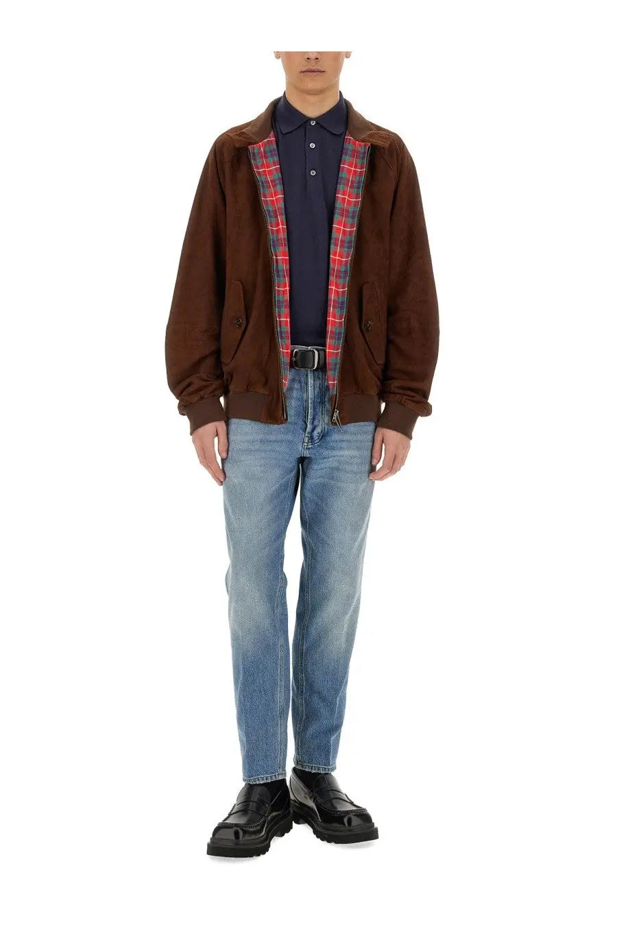 Baracuta men’s brown suede bomber jacket with red and blue plaid lining for stylish casual wear