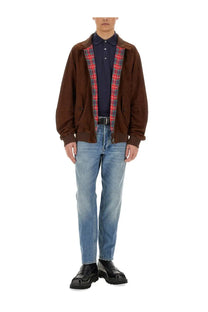 Baracuta men’s brown suede bomber jacket with red and blue plaid lining for stylish casual wear