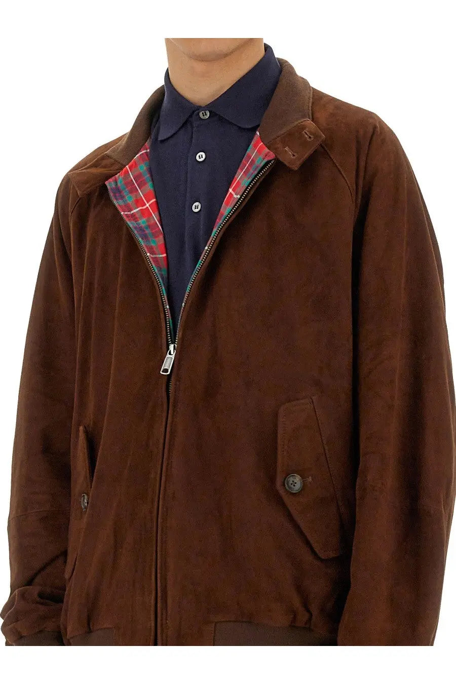 Baracuta men’s brown suede jacket with red and green plaid lining showcasing the front side