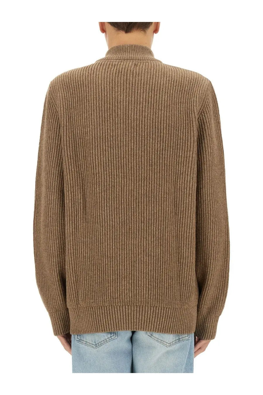 Baracuta men’s Miller jersey beige ribbed camel-colored knit sweater with high collar and long sleeves
