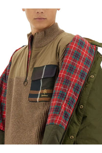 Baracuta men’s miller jersey beige with tan and olive green fabric and red blue white plaid sleeves