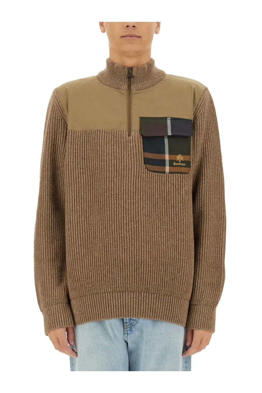 Baracuta men’s miller jersey beige tan ribbed knit sweater with beige shoulder panel and plaid patch pocket