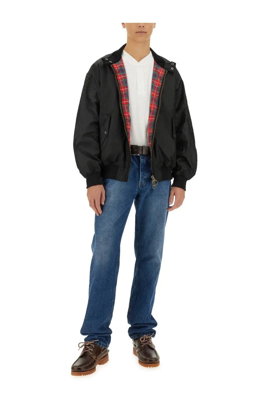 Baracuta men’s black nylon bomber jacket with red and black plaid lining for casual wear