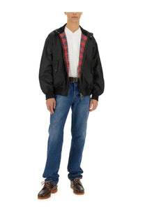Baracuta men’s black nylon bomber jacket with red and black plaid lining for casual wear