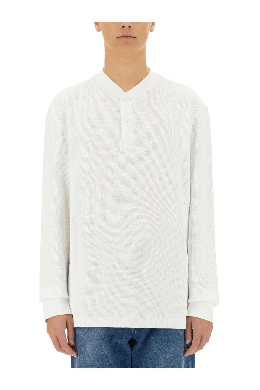 Baracuta men’s white henley shirt with long sleeves subtle waffle knit texture and three-button placket