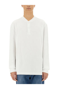 Baracuta men’s white henley shirt with long sleeves subtle waffle knit texture and three-button placket