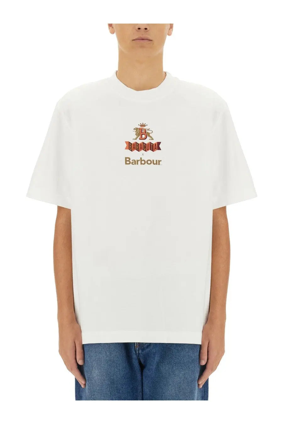 Baracuta men’s white shirt featuring a white Barbour logo t-shirt with embroidered red gold and black crest and brand name
