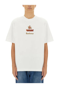 Baracuta men’s white shirt featuring a white Barbour logo t-shirt with embroidered red gold and black crest and brand name