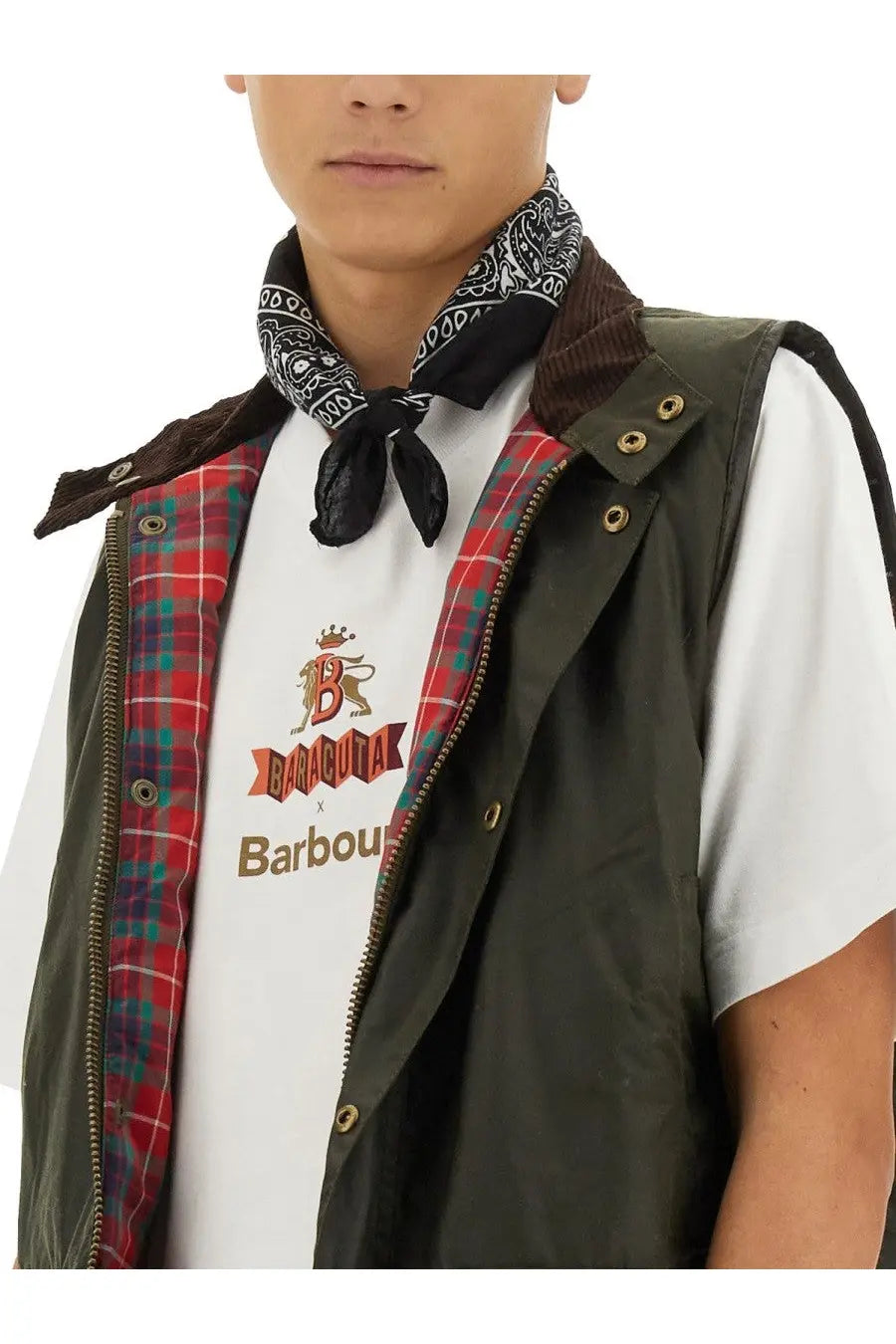 Baracuta men’s shirt white with olive green waxed cotton vest featuring corduroy collar and red plaid lining