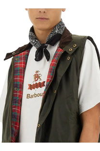 Baracuta men’s shirt white with olive green waxed cotton vest featuring corduroy collar and red plaid lining