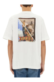 Baracuta men’s white short-sleeved cotton t-shirt with vintage graphic of two men near the Eiffel Tower