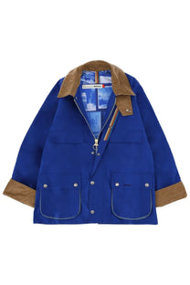 Barbour men’s Bedale Paul Smith jacket in royal blue with tan corduroy collar and cuffs and silver button pockets
