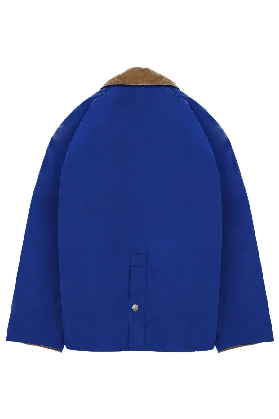 Barbour men’s Bedale Paul Smith jacket in royal blue waxed cotton with tan leather collar and cuffs