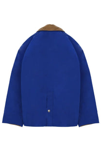 Barbour men’s Bedale Paul Smith jacket in royal blue waxed cotton with tan leather collar and cuffs