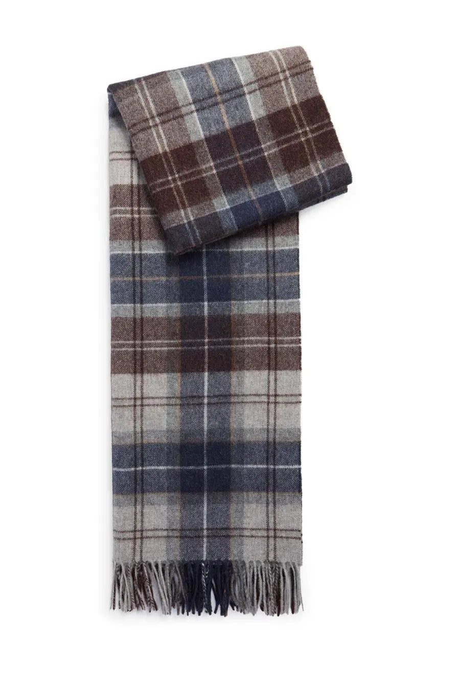 Barbour men’s brack scarf multicolor is a soft woolen plaid scarf in brown navy blue and gray with fringed edges