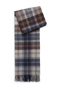 Barbour men’s brack scarf multicolor is a soft woolen plaid scarf in brown navy blue and gray with fringed edges