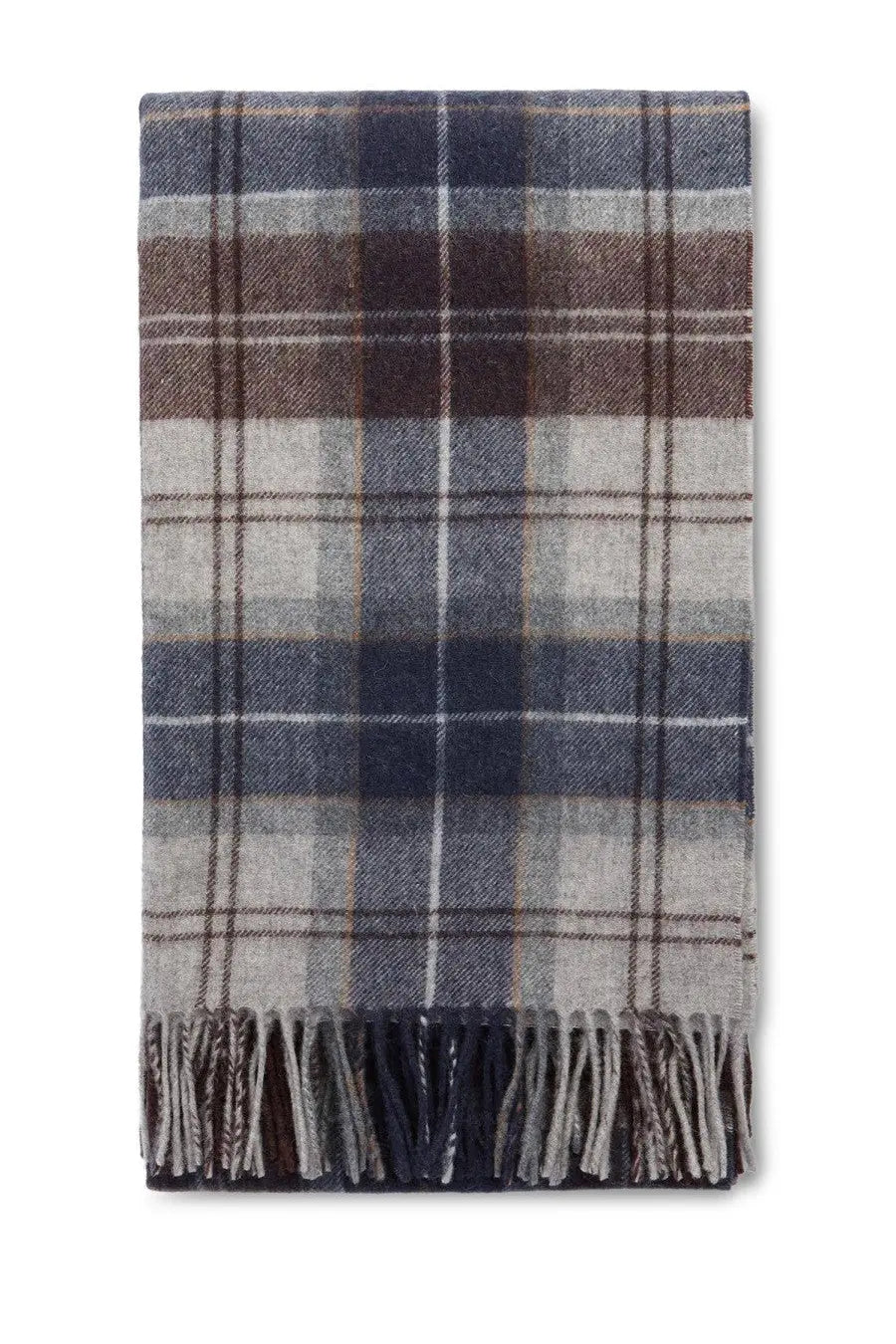 Barbour men’s brack scarf multicolor soft woolen plaid scarf in navy blue gray and brown with fringe edge