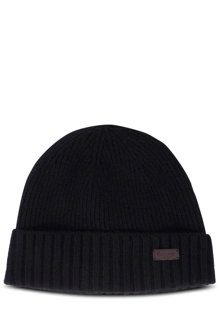 Barbour men’s cap carlton black is a black ribbed knit beanie with a folded cuff and a metallic brand tag on the side