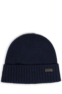 Dark navy ribbed knit barbour men’s cappello carlton beanie with folded cuff and small metallic brand tag