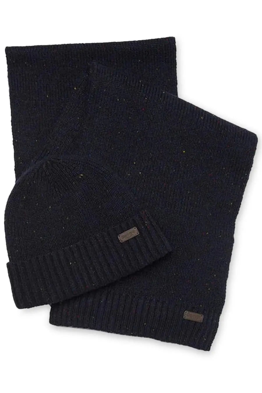 Barbour men’s Carlton fleck dark navy knit beanie and scarf set with subtle speckled texture and warm material