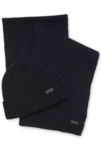 Barbour men’s Carlton fleck dark navy knit beanie and scarf set with subtle speckled texture and warm material