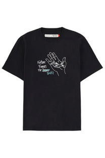 Black short-sleeved cotton t-shirt by Barbour with white hand holding fish line drawing and green text print