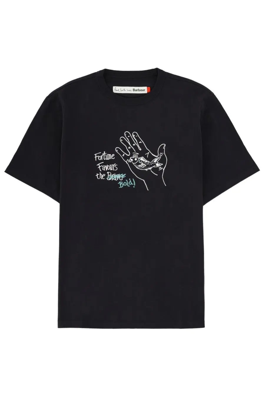 Black short-sleeved cotton t-shirt by barbour with white hand fish line drawing and green text fortune favourites the bolder bold