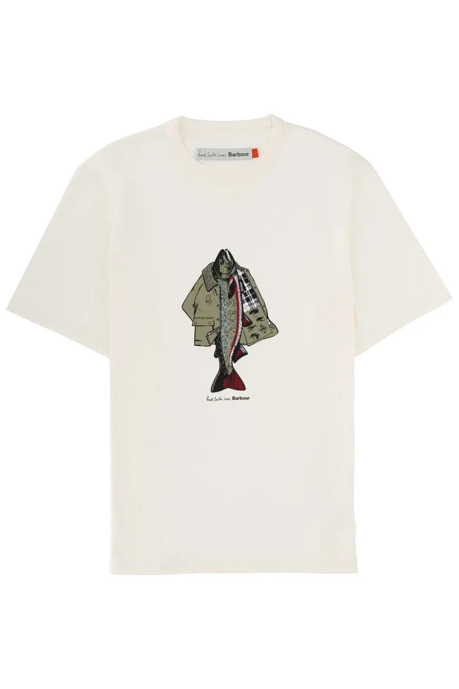 Cream-colored cotton barbour men’s t-shirt with a fish illustration wearing trench coat and red plaid scarf by Paul Smith