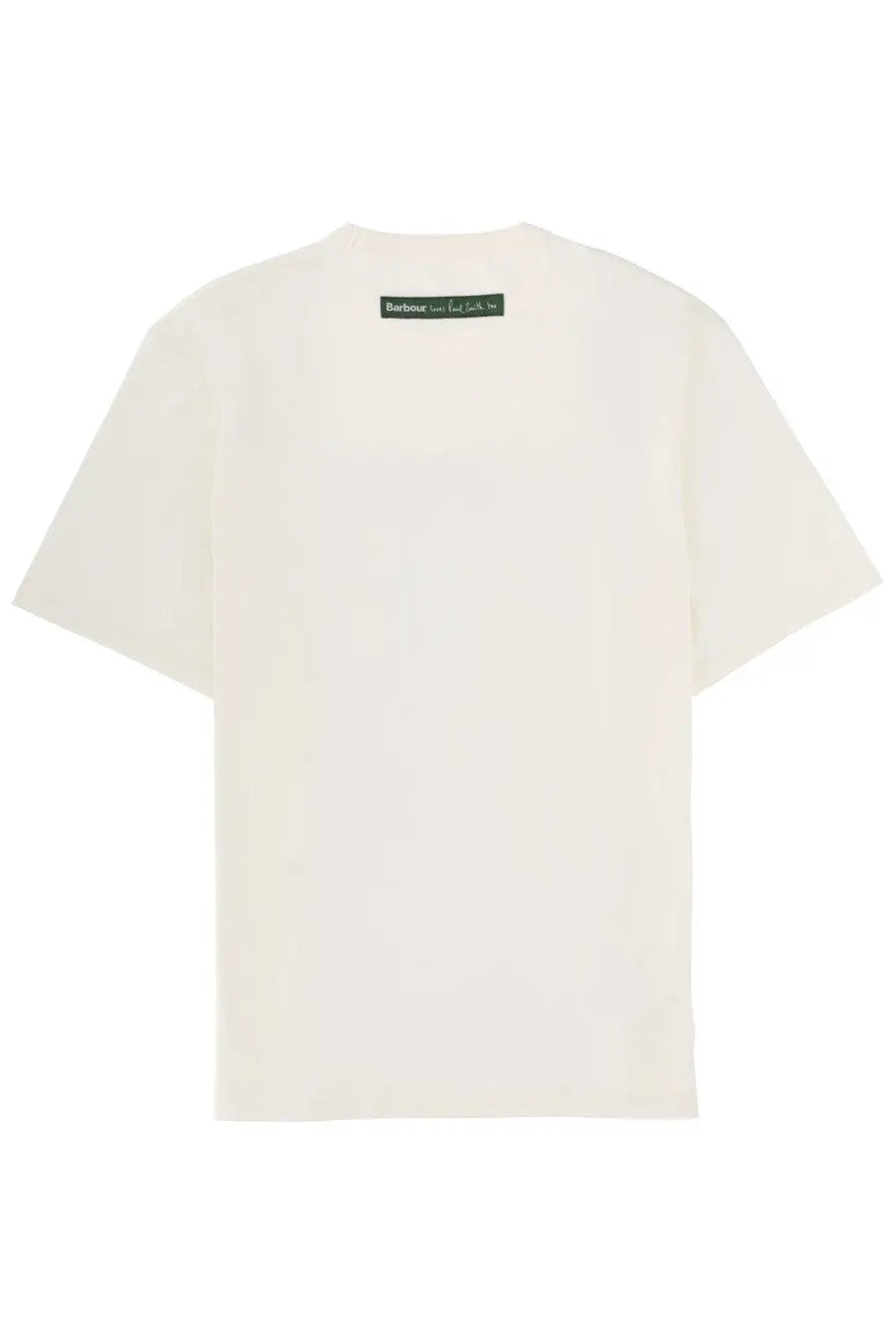 Off-white men’s short-sleeved cotton t-shirt with green barbour x paul smith label at the neckline