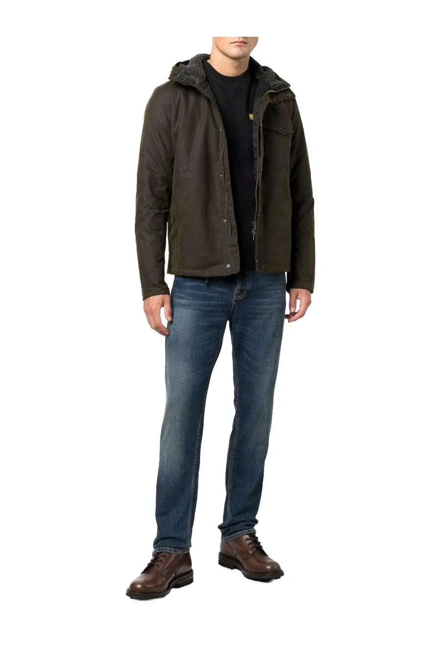 Barbour men’s kevlar jacket green hooded with dark olive green exterior and plush gray-lined interior button closure