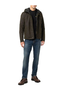 Barbour men’s kevlar jacket green hooded with dark olive green exterior and plush gray-lined interior button closure