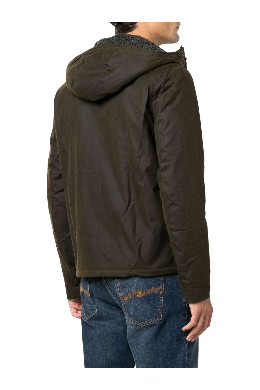 Barbour men’s kevlar jacket green with dark olive green hood and textured fuzzy inner lining for durability and warmth