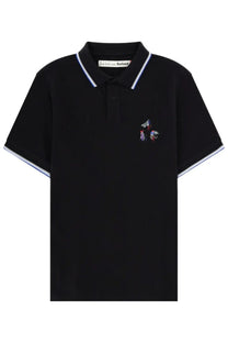 Barbour men’s black short-sleeved polo shirt with white and blue trim and colorful embroidered horses on chest