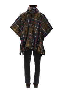 Barbour men’s poncho multicolor featuring a dark green black and red plaid hooded design with classic tartan pattern
