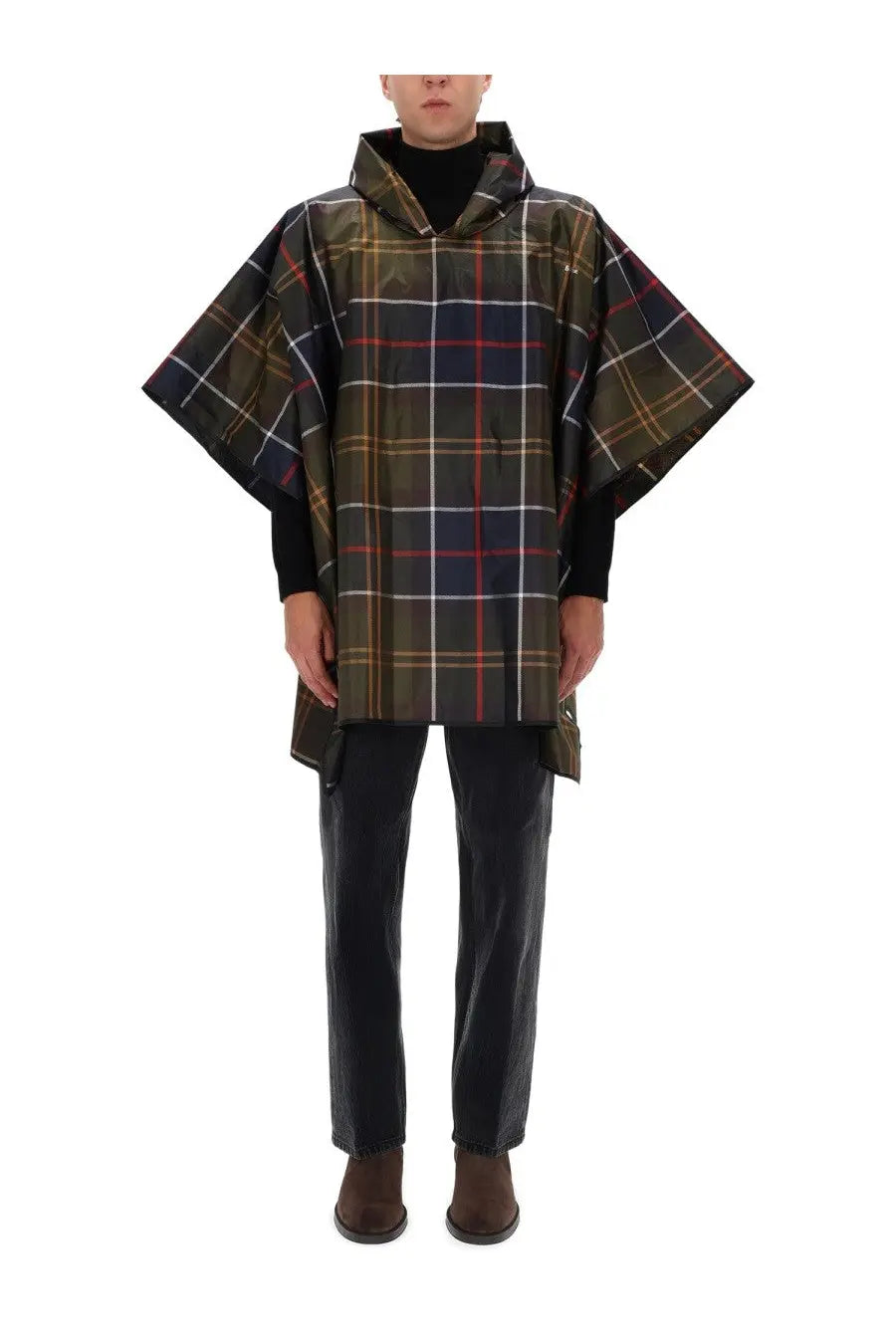 Barbour men’s poncho multicolor in dark green black and red plaid hooded classic tartan pattern wool blend