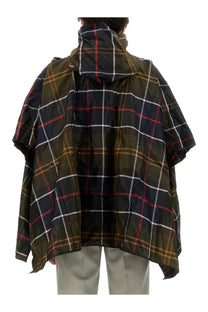 Barbour men’s poncho in dark green and navy plaid with red white and gold stripes perfect for layering