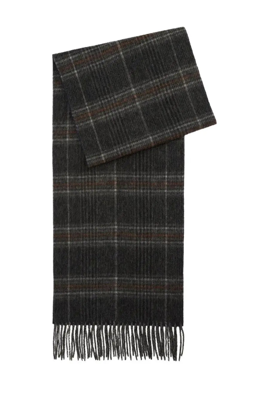 Barbour men’s reversible scarf Marsden grey in dark charcoal gray plaid with subtle brown and white stripes and fringed ends