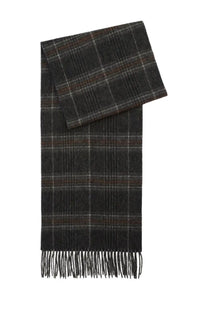 Barbour men’s reversible scarf Marsden grey in dark charcoal gray plaid with subtle brown and white stripes and fringed ends