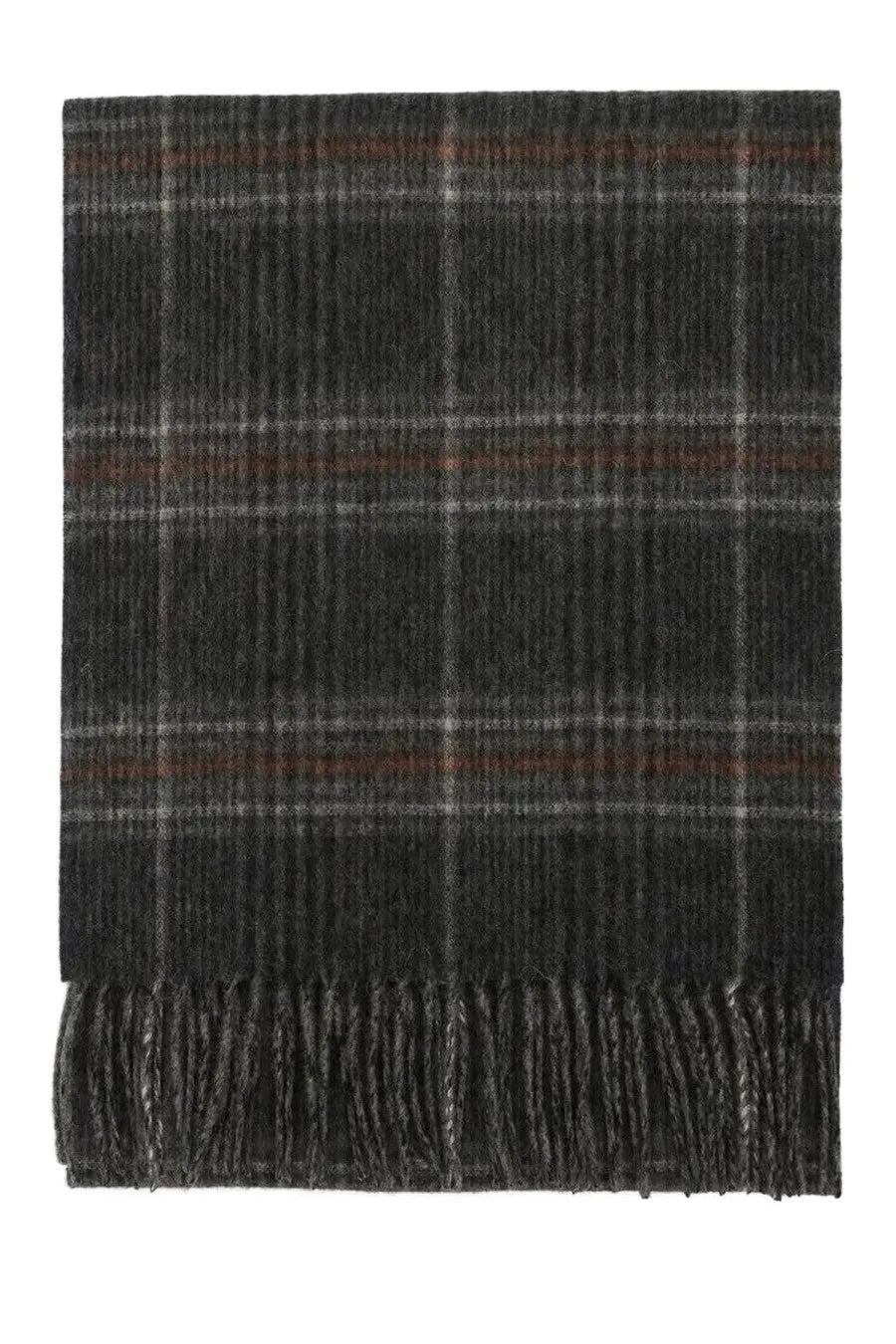 Barbour men’s reversible scarf marsden grey in dark gray plaid with subtle brown and white stripes and soft woven texture