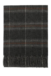 Barbour men’s reversible scarf marsden grey in dark gray plaid with subtle brown and white stripes and soft woven texture