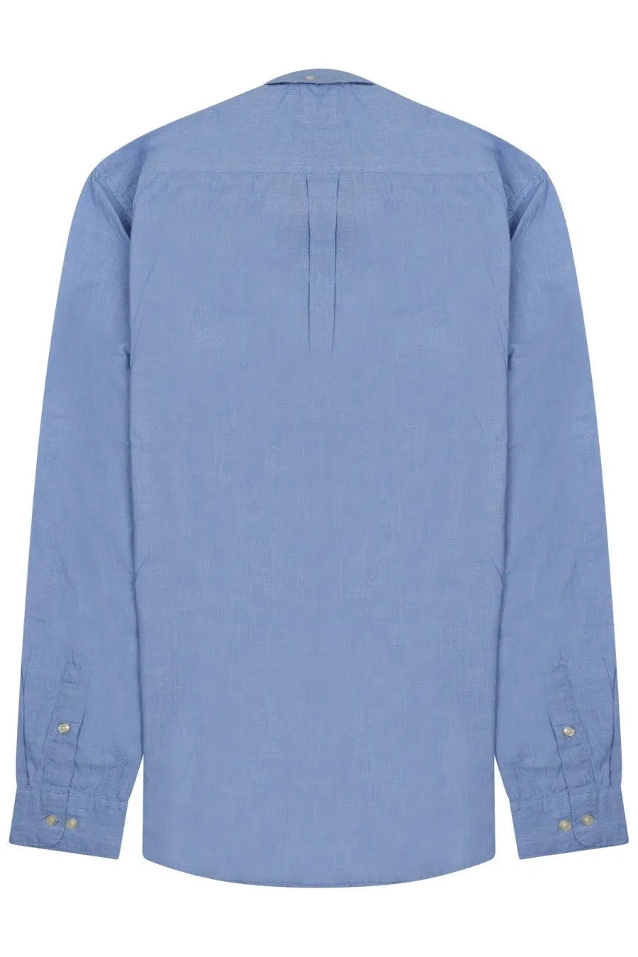 Barbour men’s light blue long-sleeved shirt with subtle textured weave and matching buttons in button-down style