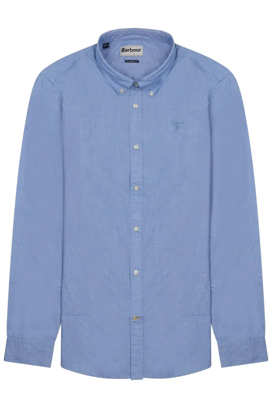Barbour men’s light blue button-down shirt with subtle textured weave and small embroidered logo on left chest