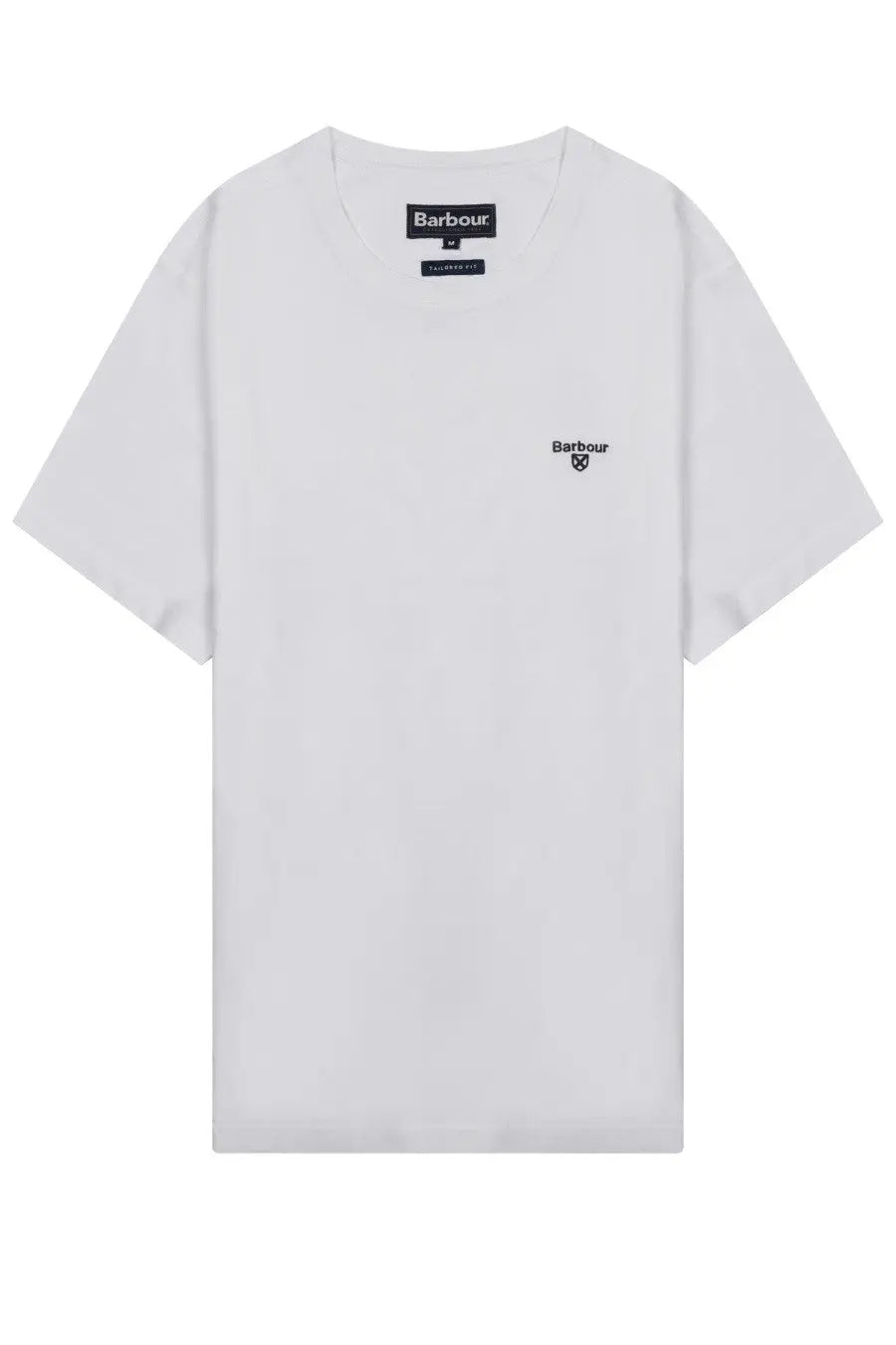 Barbour men’s white short-sleeved t-shirt with black embroidered logo and brand tag in cotton blend fabric